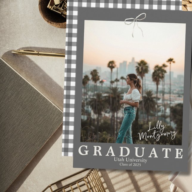 Gray Gingham Coquette Graduation Announcement (Creator Uploaded)