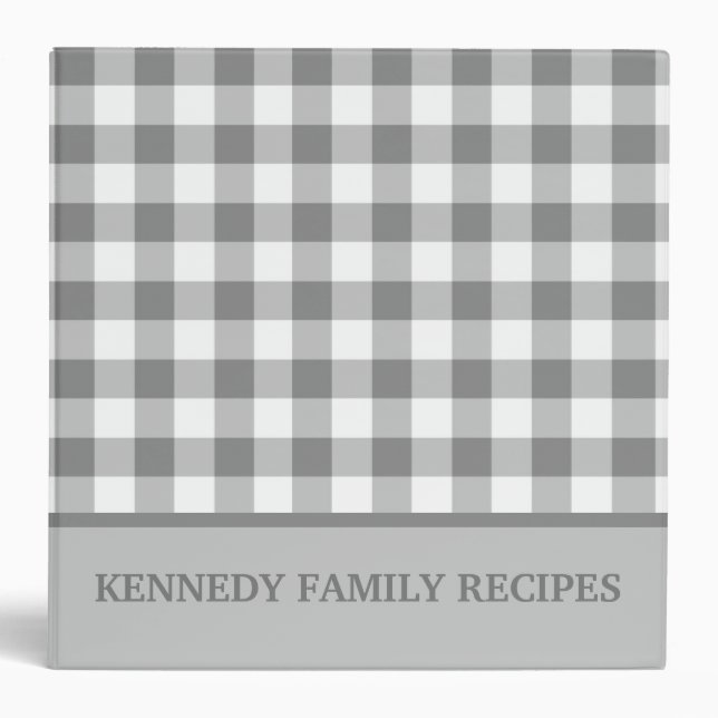 Gray Gingham Farmhouse Kitchen Recipe Personalized 3 Ring Binder (Front)