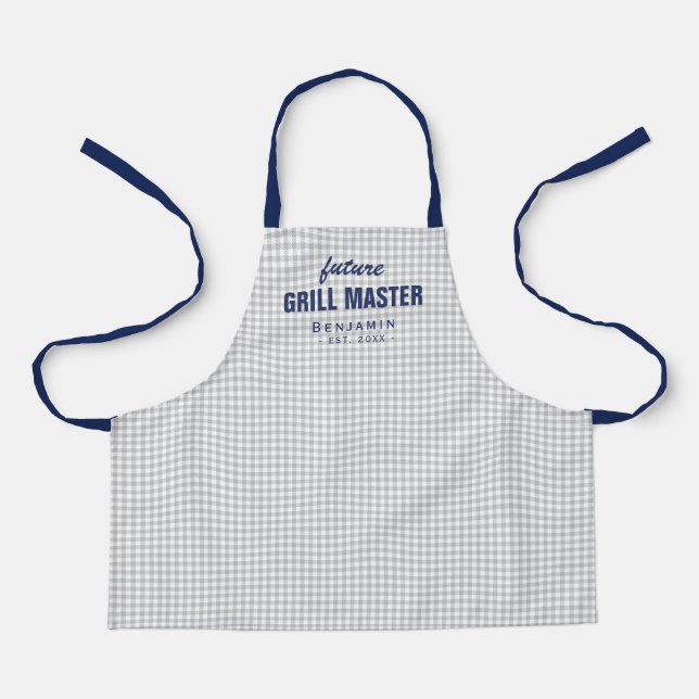 Gray gingham future grill master personalized apron (Front)