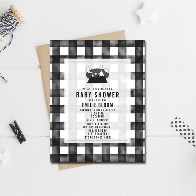 Gray Gingham Night Sky Mountains Baby Shower Invitation (Creator Uploaded)