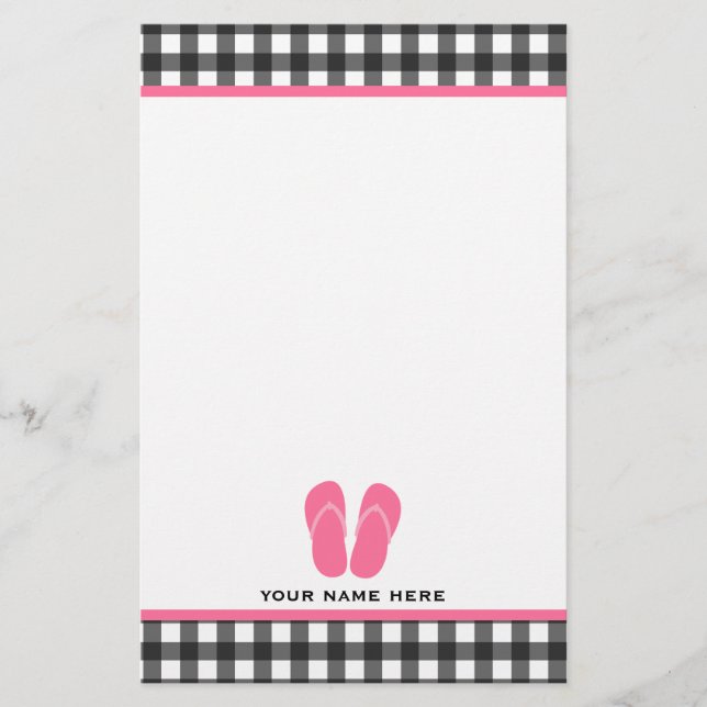 Gray Gingham & Pink Flip Flops Stationery (Front)