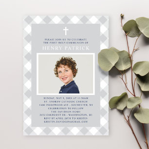 Gray Gingham Plaid First Communion Boy Photo Invitation