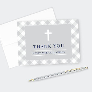 Gray Gingham Plaid First Communion Boy Thank You Card