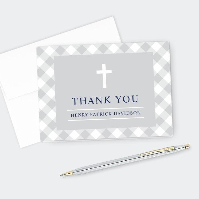 Gray Gingham Plaid First Communion Boy Thank You Card (Creator Uploaded)