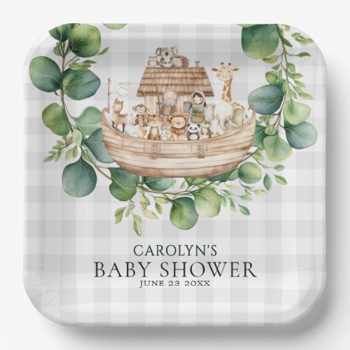 Gray Gingham Watercolor Noah's Ark Baby Shower  Paper Plates