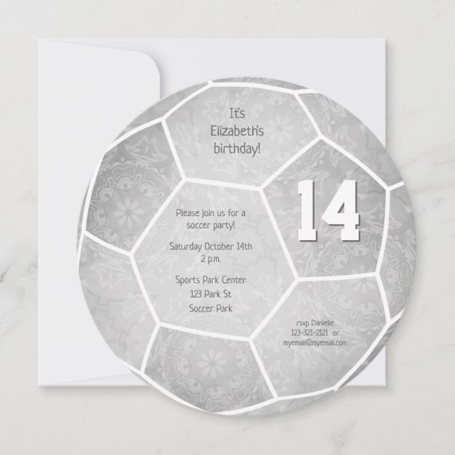 gray girl's soccer themed birthday party announcement (Front)