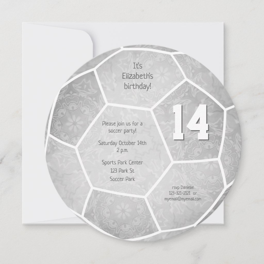 gray girl's soccer themed birthday party invitation