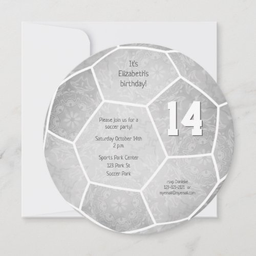 gray girls soccer themed birthday party announcement