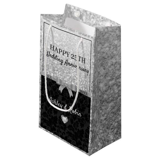 Gray Glitter And Damask Small Gift Bag (Front Angled)
