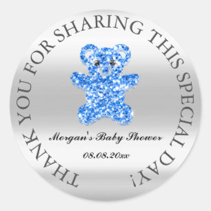 Gray Glitter Baby Shower Favor Thank You Blue Bear Classic Round Sticker