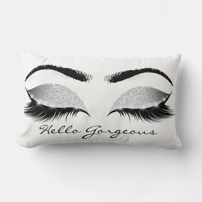 Gray Glitter Black Eyes Silver Makeup Lashes Hello Lumbar Pillow (Front)
