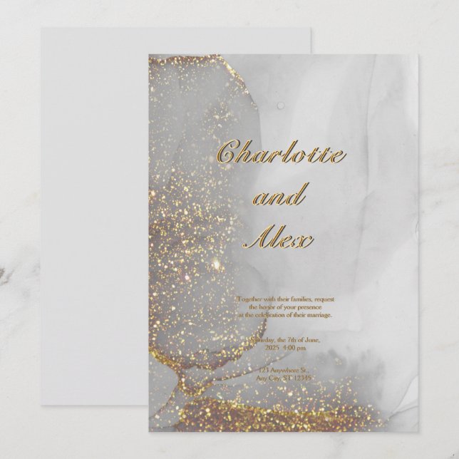 Gray Glitter Chic Alcohol Ink Wedding Invitation (Front/Back)