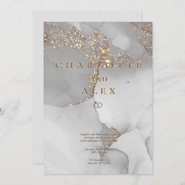 Gray Glitter Chic Alcohol Ink Wedding Invitation (Front/Back)