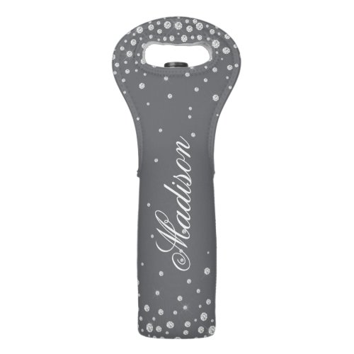 Gray Glitter Chic Diamonds Personalized Name Wine Bag