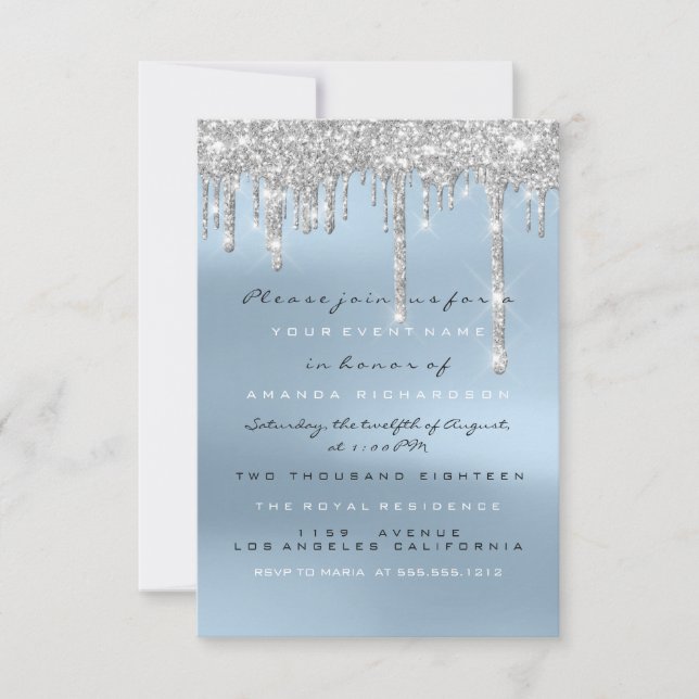 Gray Glitter Drips Silver Blue Bridal Sweet 16th Invitation (Front)