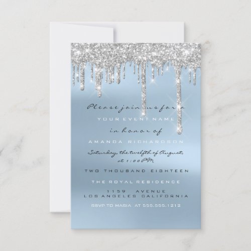 Gray Glitter Drips Silver Blue Bridal Sweet 16th Invitation