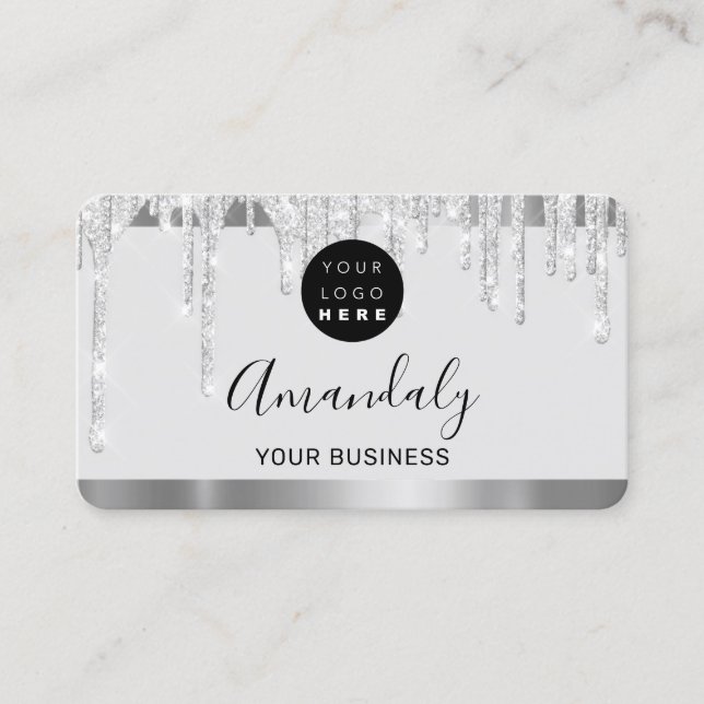 Gray Glitter Drips Silver Frame Qr Code Logo Business Card (Front)