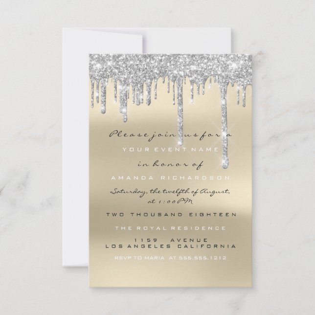 Gray Glitter Drips Silver Ivory Bridal Sweet 16th Invitation (Front)