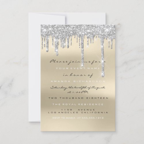 Gray Glitter Drips Silver Ivory Bridal Sweet 16th Invitation