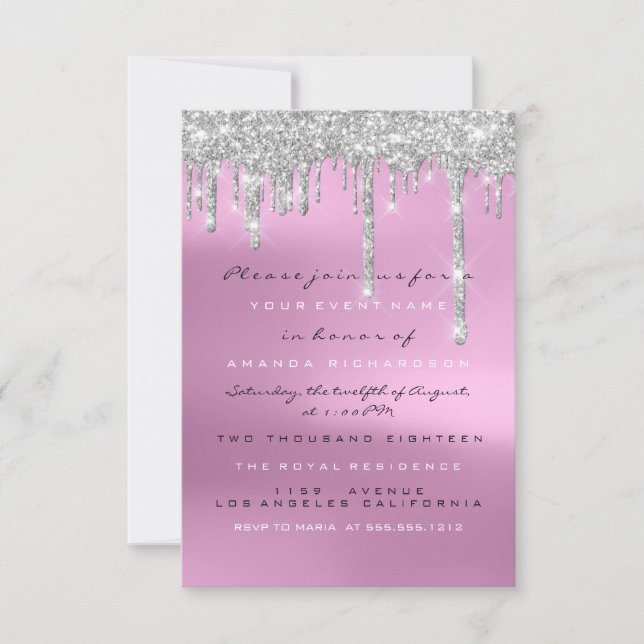 Gray Glitter Drips Silver Pink Bridal Sweet 16th Invitation (Front)