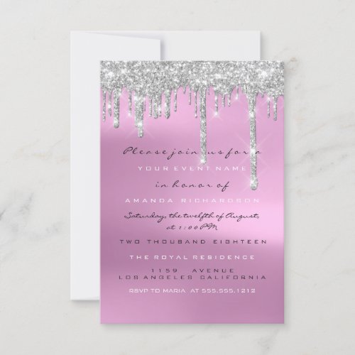 Gray Glitter Drips Silver Pink Bridal Sweet 16th Invitation