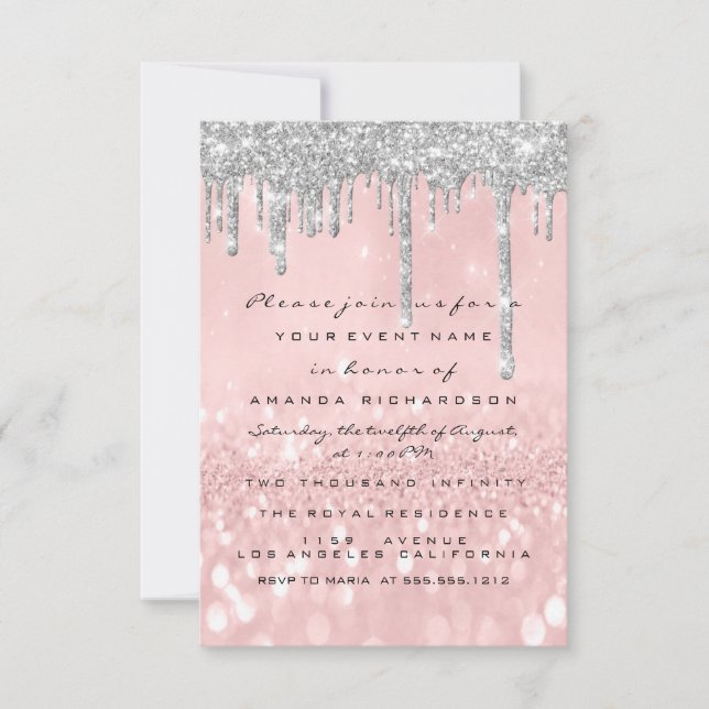 Gray Glitter Drips Silver Rose Bridal Sweet 16th  Invitation (Front)