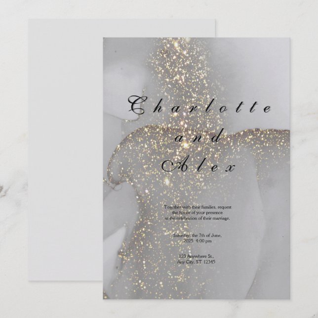 Gray Glitter Elegant  Ink Wedding Invitation (Front/Back)