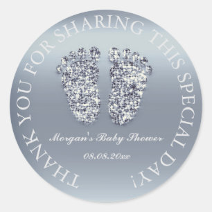 Gray Glitter Feet Baby Shower Favor Thank You Blue Classic Round Sticker