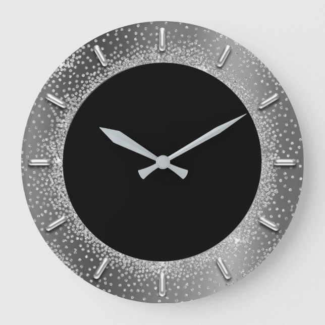 Gray Glitter Silver Gray Black Metal Gray Elegant Large Clock (Front)