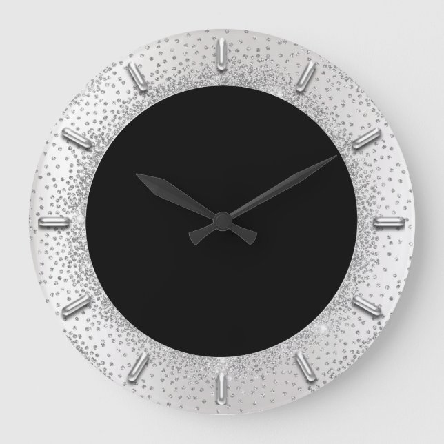 Gray Glitter Silver Gray Black Metallic Confetti Large Clock (Front)