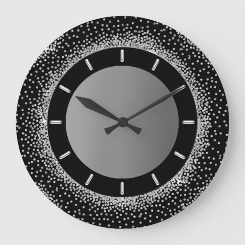 Gray Glitter Silver Gray Black Metallic Crystals Large Clock