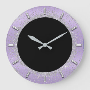 Gray Glitter Silver Grey Black Metal Lavender Large Clock