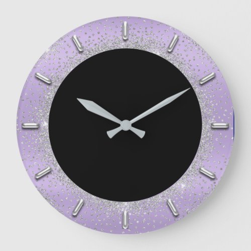 Gray Glitter Silver Grey Black Metal Lavender Large Clock