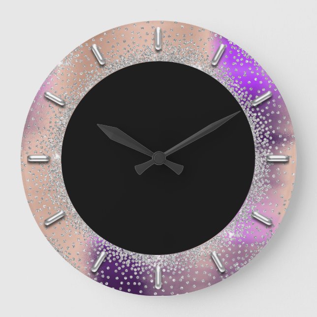 Gray Glitter Silver Grey Black Rose Purple Violet Large Clock (Front)