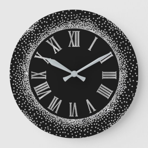 Gray Glitter  Silver Roman Number Elegant Black Large Clock