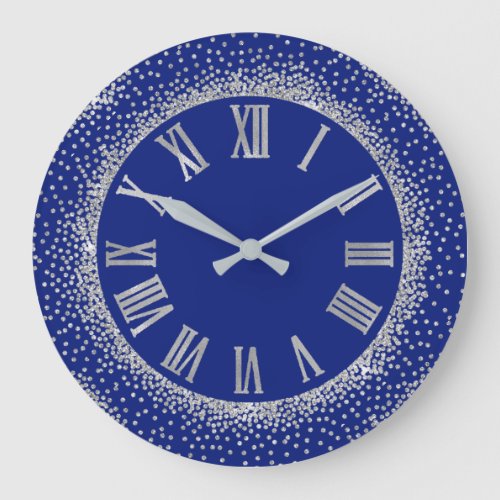 Gray Glitter Silver Roman Number  Indigo Blue Large Clock