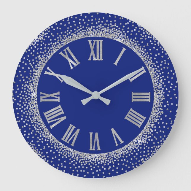 Gray Glitter Silver Roman Number  Indigo Blue Large Clock (Front)