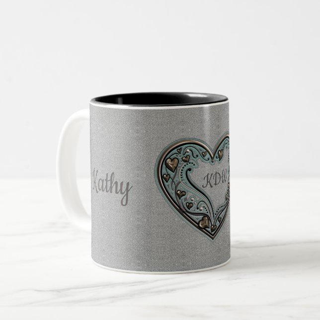 Gray, Gold and Turquoise Hearts Two-Tone Coffee Mug (Front Left)