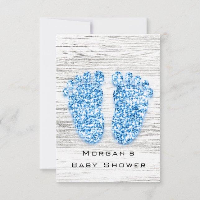 Gray Gold Baby Shower Feet Wood Rustic Boy Blue Invitation (Back)