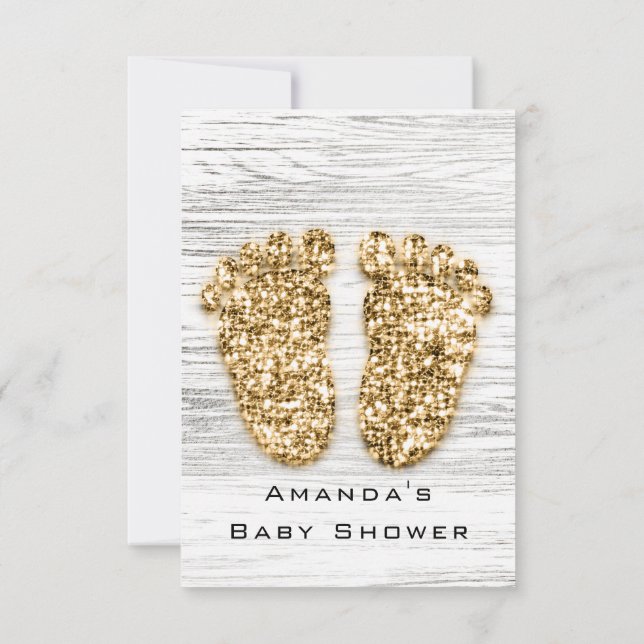 Gray Gold Baby Shower Feet Wood Rustic Girl Boy Invitation (Back)