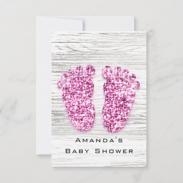 Gray Gold Baby Shower Feet Wood Rustic Girl Pink Invitation (Back)