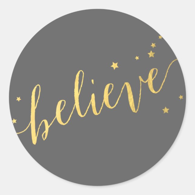 Gray Gold Believe Script | Holiday Classic Round Sticker (Front)