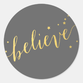 Gray Gold Believe Script | Holiday Classic Round Sticker