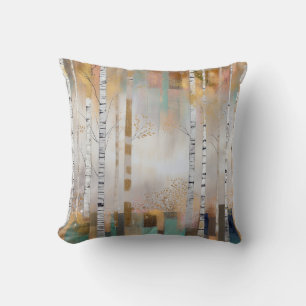 Gray Gold Birch Trees Abstract Forest Throw Pillow