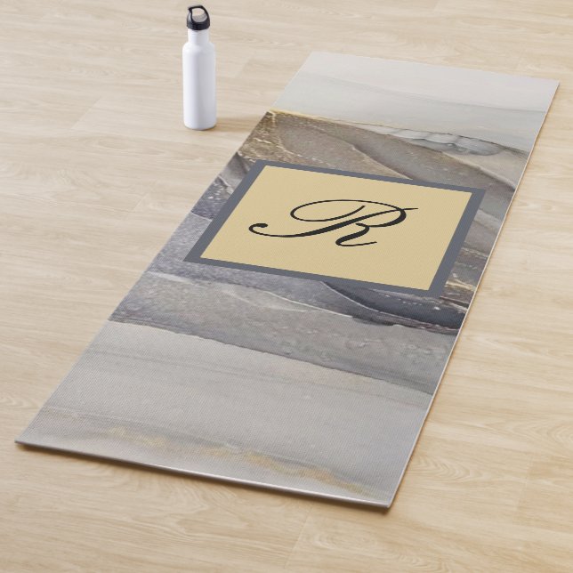 Gray Gold Black Marble Pretty Elegant Monogram Yoga Mat (In Situ)