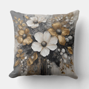 Gray Gold Black White Flowers Throw Pillow
