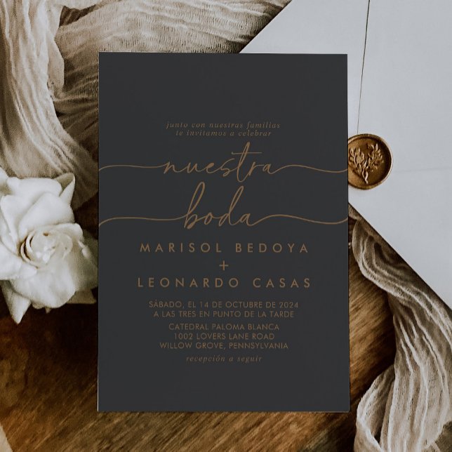 Gray Gold Classic Nuestra Boda Wedding Invitation (Creator Uploaded)