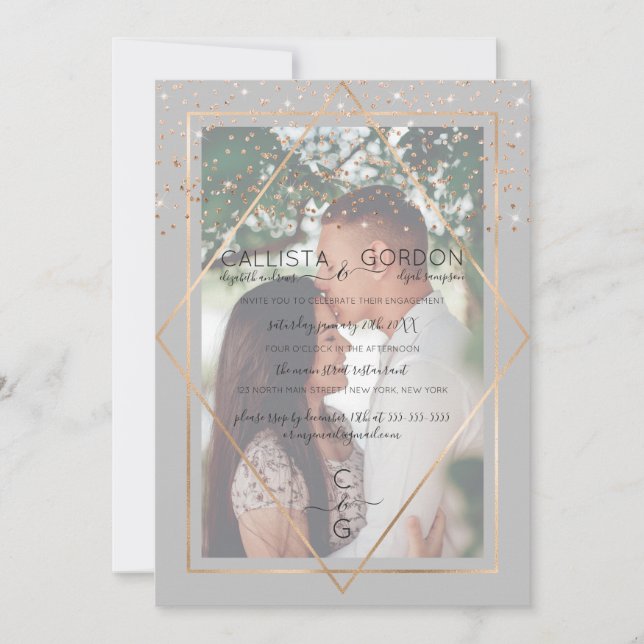 Gray Gold Confetti Border Photo Engagement Invitation (Front)