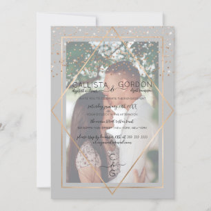 Gray Gold Confetti Border Photo Engagement Invitation