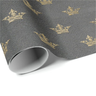 Gray Gold Crown Grungy Cottage Royal Graphite Wrapping Paper